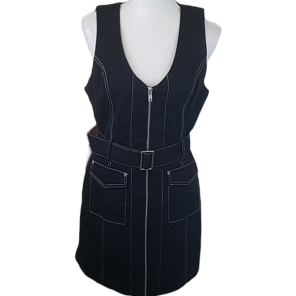 NWT! Volcom XS Black Denim Front Zip Belted Dress - Picture 1 of 9